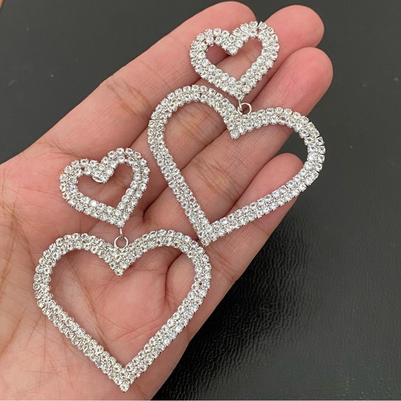 Unsigned Silver-tone Open Heart Pave Clear Rhinestones Hearts Drop Earrings 12g. - Picture 5 of 12